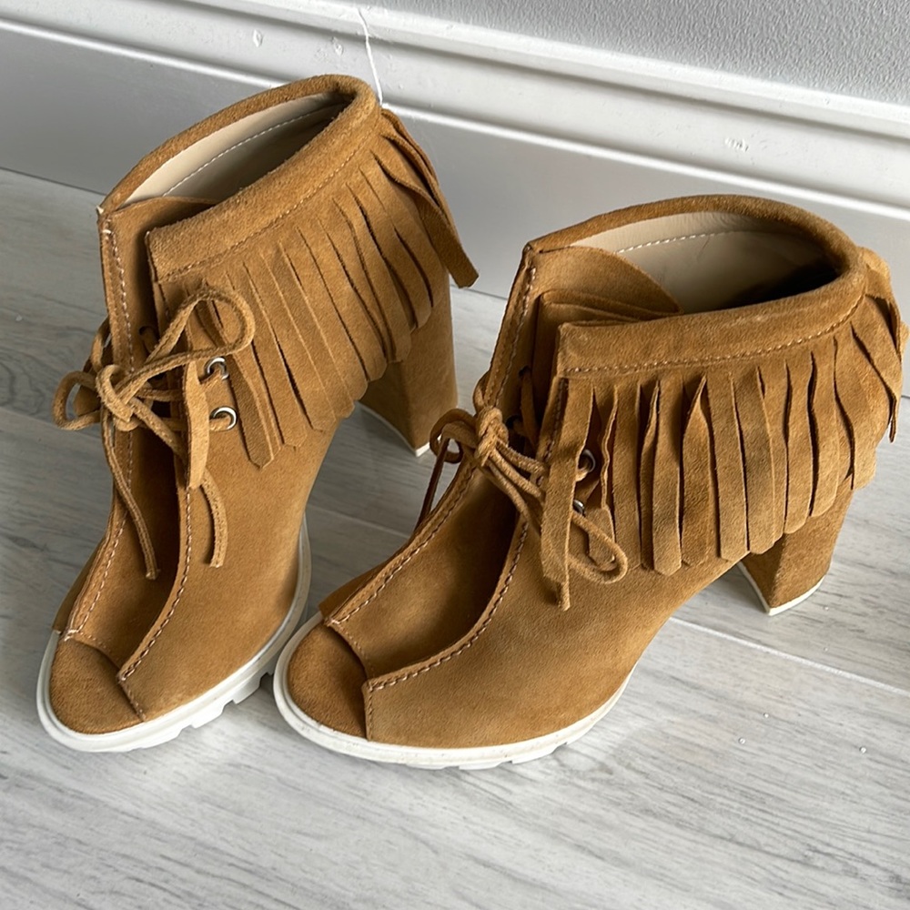 Brown Tan Fringe Ankle Boots with White Sole - BCBGMAXAZRIA